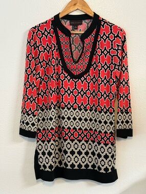 Dana Buchman Geometric V-Neck Tunic Black Red Size S Formal Office Preppy